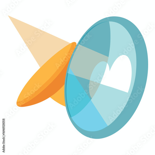 Photo of a blue contact lens with a heart symbol, isolated on a white background, with an orange shape behind it