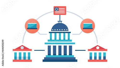 Photo of government building connected to other institutions and computers, representing a network of information and services