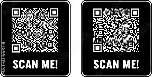 Two QR codes with the message "SCAN ME!" on black and white