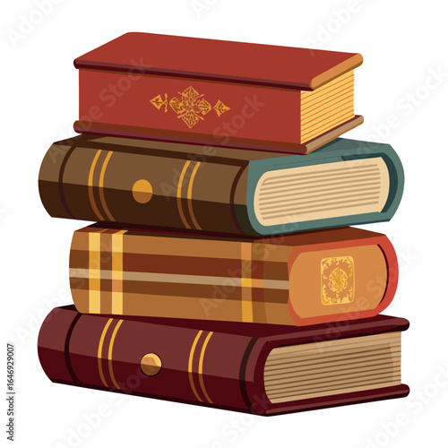 Photo of a stack of four vintage books with ornate covers, isolated on white background