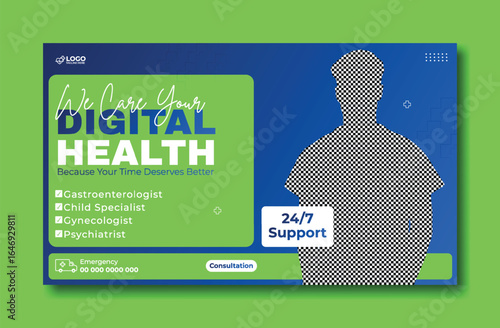 Digital Health Services Advertisement with Doctor and 24 7 Support Offering