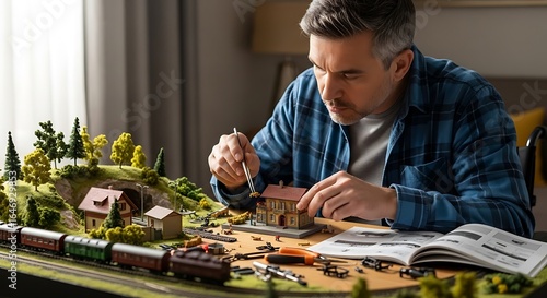 Man meticulously assembling a miniature model train set, focusing on details and construction.