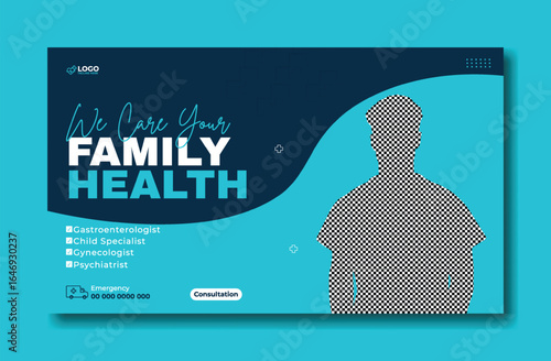 Medical Banner Featuring a Handsome Doctor and Family Health Slogan