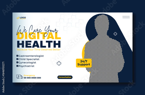 Digital Healthcare Banner with Doctor and 24 7 Support for Online Medical Consultation
