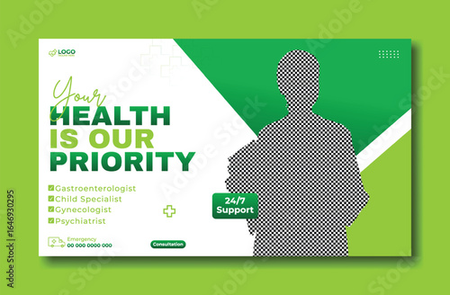 Smiling Female Doctor Holding Clipboard with Green Healthcare Banner Design
