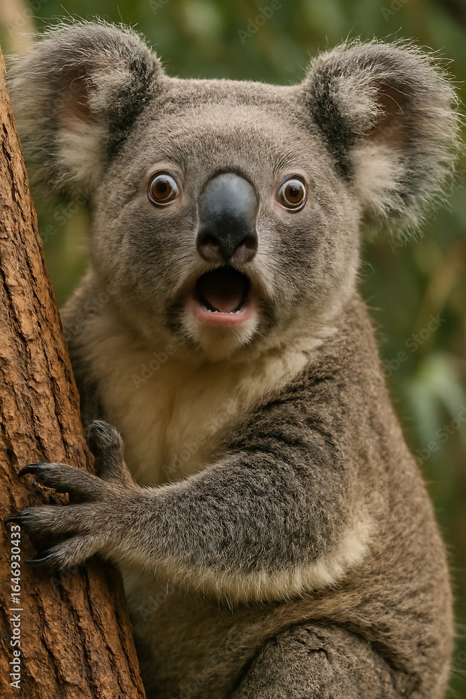 Naklejka premium Koala Bear Clinging to Tree Trunk in Natural Forest Environment