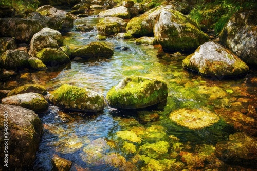 Clear stream flowing over mossy rocks