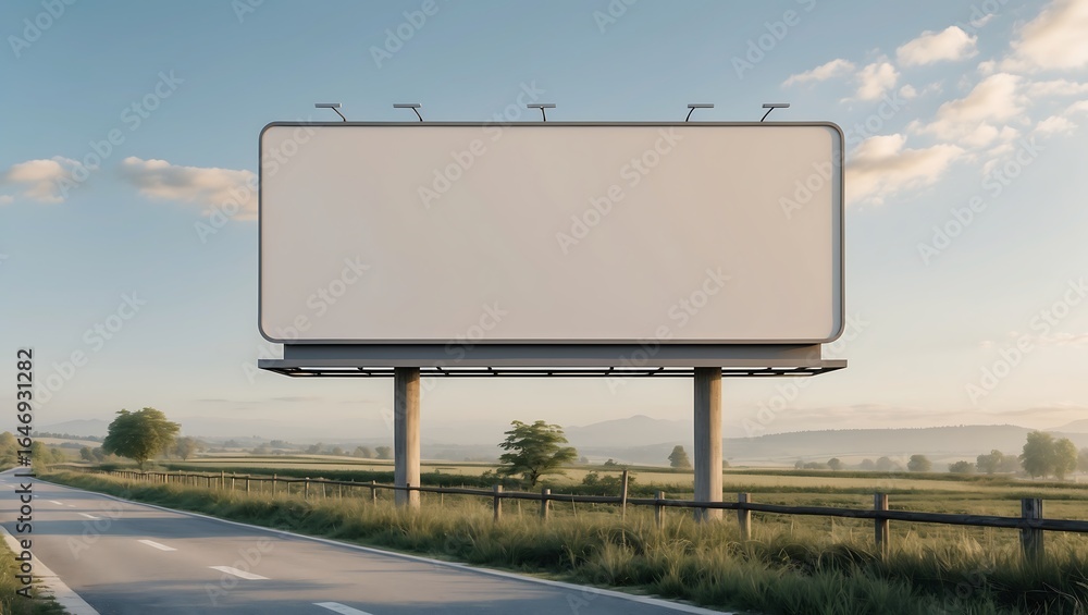 Obraz premium Empty billboard on a rural road at sunrise, showcasing a blank advertising space.