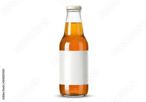 Bottled orange liquid with a blank white label and silver cap stands on a white surface casting a shadow