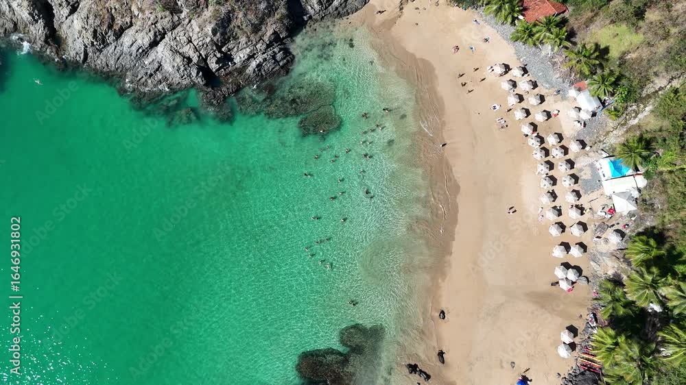 Vista aérea da Praia do Cachorro em Fernando de Noronha, mostrando areia clara, mar azul e a movimentação de turistas em um destino paradisíaco brasileiro