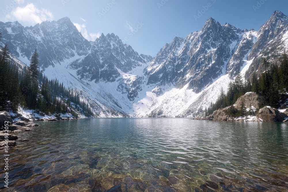 Naklejka premium Snow-capped mountains surround a tranquil alpine lake