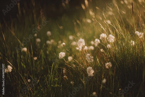 Fototapeta Naklejka Na Ścianę i Meble -  Delicate wildflowers in a grassy field, bathed in golden sunlight