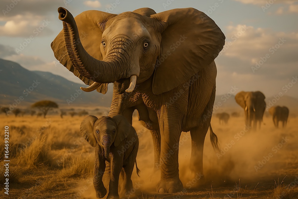 Obraz premium Majestic Elephant Mother and Baby Walking Through Savanna at Sunset in Natural Wildlife Scene