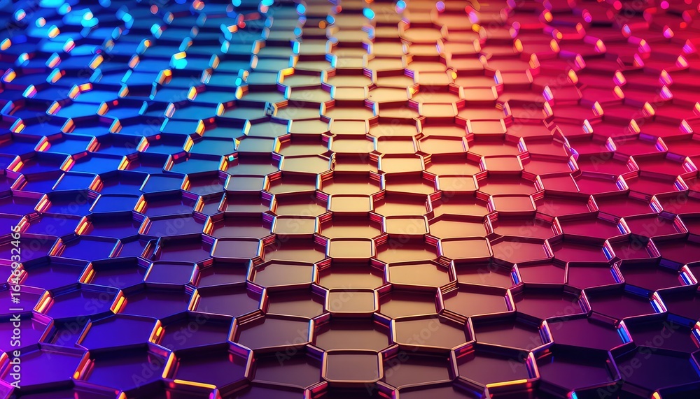 Fototapeta premium Geometric Patterned Surface with Repeating Hexagonal Shapes and a Vibrant Gradient of Blue and Red Hues