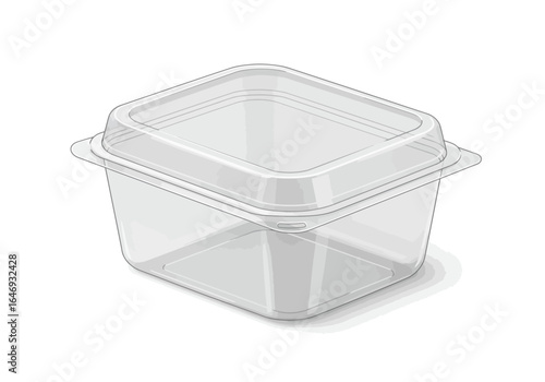 Clear plastic container with lid possibly for food storage or takeout casting a faint shadow on a white background