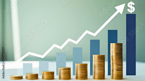 Investment growth and business profit concept shown by increasing coin stacks and a financial chart with an upward arrow