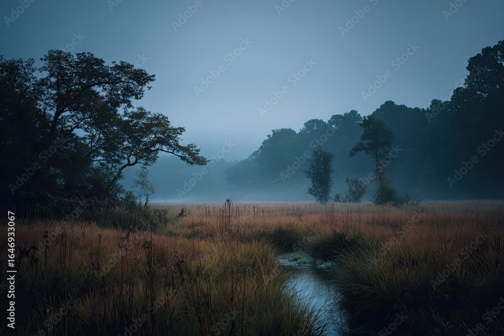 Fototapeta premium Misty morning landscape with trees and creek