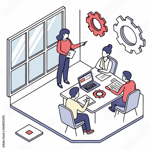 Isometric view of a business meeting with a presenter and three attendees around a table with gears above