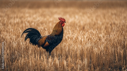 A proud rooster stands alone among golden stalks of wheat, basking in the sunlight.