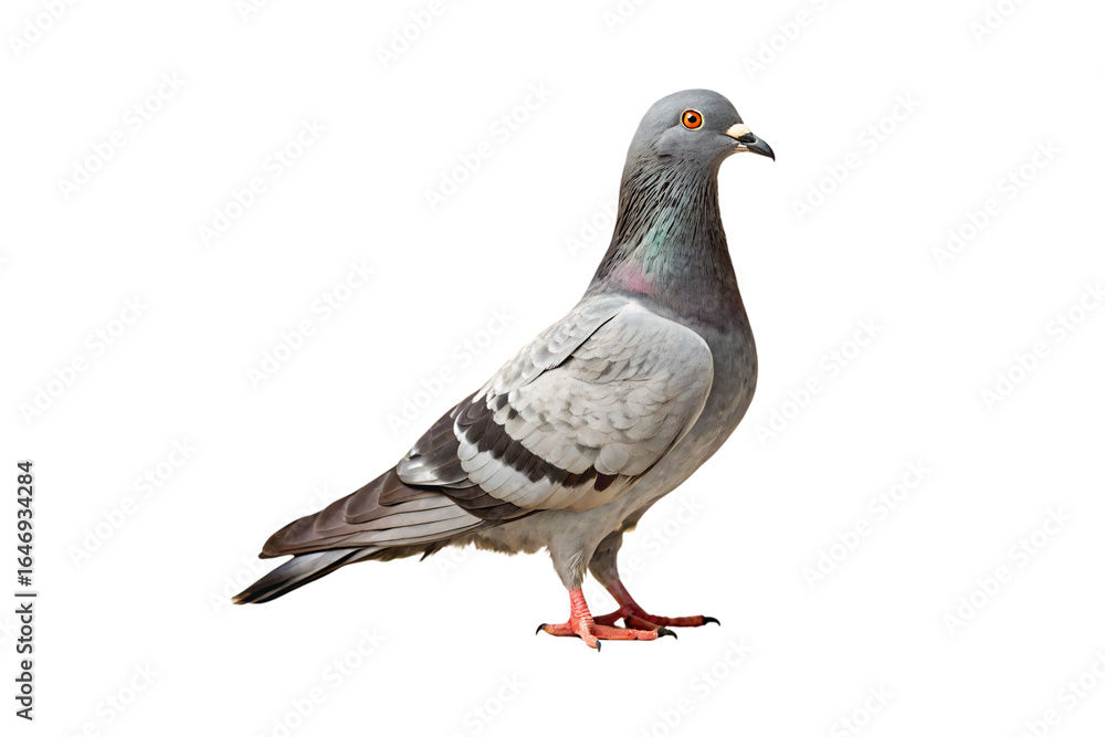 Obraz premium Rock dove with blue-gray plumage and orange eyes displaying natural standing posture and feather details, isolated on a transparent background