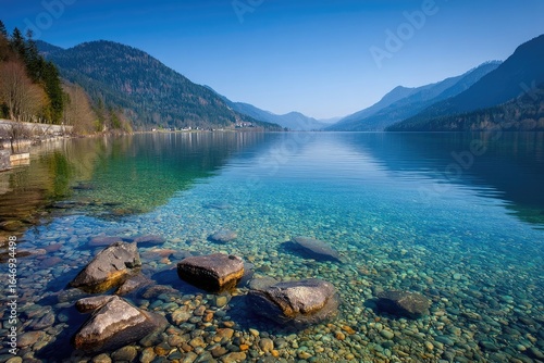 Calm lake reflecting mountains.  Crystal clear water over rocks