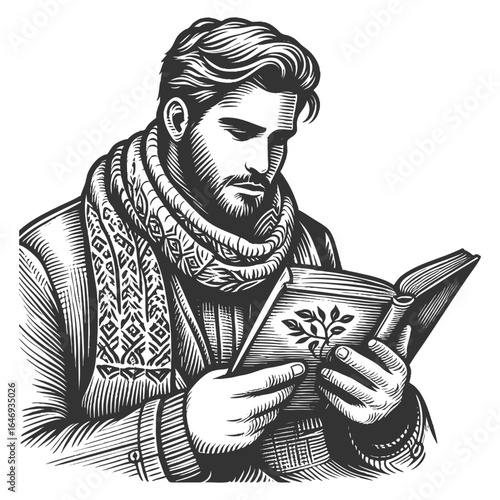 bearded man wearing a patterned scarf and coat, reading an open book with a leaf design sketch engraving generative ai fictional character vector illustration. Scratch board. Black and white image.