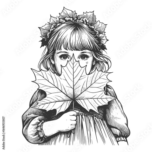 young girl with a leaf crown, playfully holding a large maple leaf in front of her face sketch engraving generative ai fictional character vector illustration. Scratch board. Black and white image.