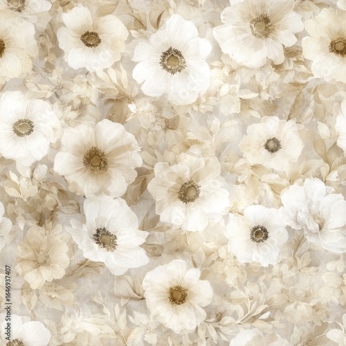 Elegant Beige Floral Pattern with Delicate White Flowers and Leaves.