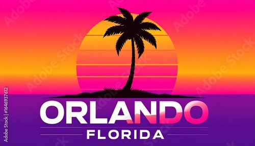 Retro sunset over a palm tree on a small island with text below