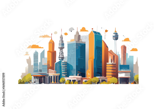 Stylized cityscape with airplane for educational visuals in urban development and design
City skyline with diverse buildings for teaching children about architecture and city life