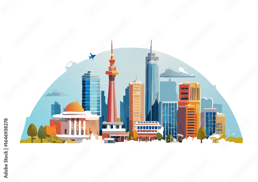 Obraz premium Stylized city skyline with airplane flying above for teaching urban design and architecture Vector illustration of modern city buildings and airplane for educational use in urban planning