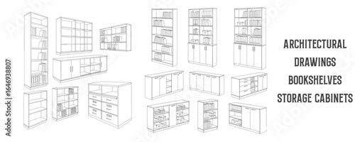 Architectural line drawings of bookshelves and storage cabinets for office spaces in minimal black and white vector style for interior design and workspace layouts