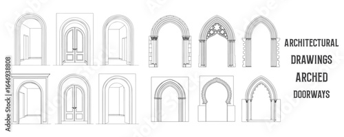 Architectural line drawings of arched doorways leading to other rooms in minimal black and white vector style for interior design and architectural layouts