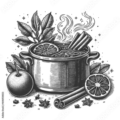 hot mulled wine in a cup with citrus slice, cinnamon sticks, and aromatic spices for winter warmth sketch engraving generative ai vector illustration. Scratch board imitation. Black and white image.