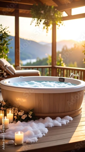 Round hot tub on deck, sunset view, candles