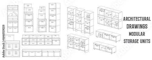 Architectural line drawings of modular storage units with boxes and baskets in minimal black and white vector style for home organization and interior design layouts