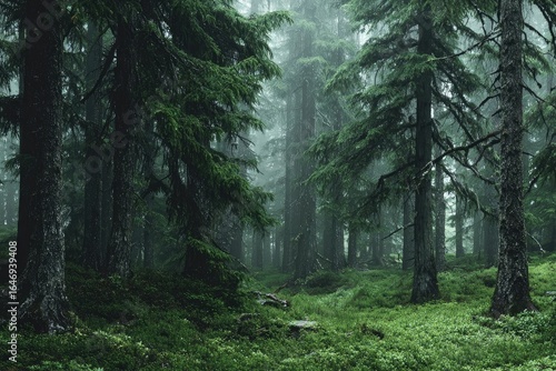 Fototapeta Naklejka Na Ścianę i Meble -  Misty forest scene, lush greenery, tall pines