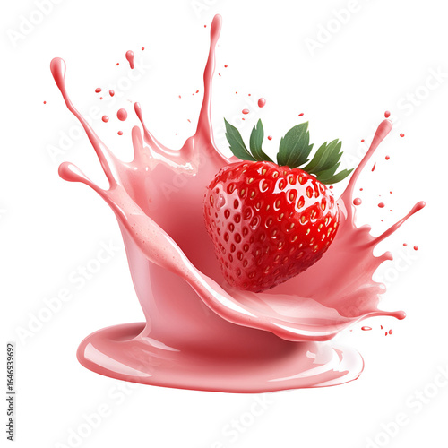 Strawberry Splashing into Milk on White Background