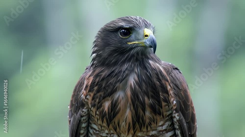 Powerful Dark Hawk Portrait: Majestic Raptor with Yellow Beak in Natural Habitat