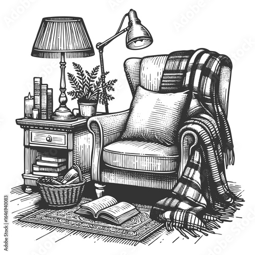 comfortable armchair with pillows and blanket, side table with tea, lamp, and stacked books sketch engraving generative ai vector illustration. Scratch board imitation. Black and white image.