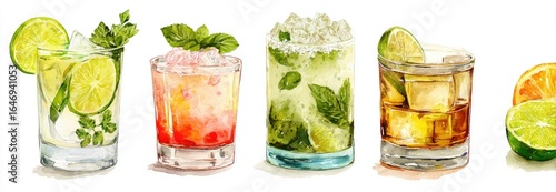 Watercolor illustration of four different cocktails (2)
