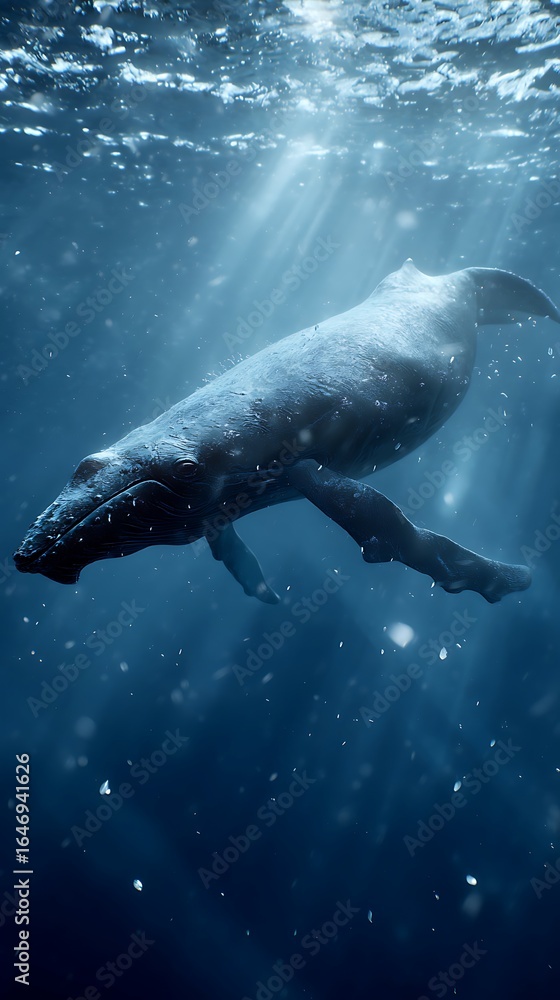 Fototapeta premium Humpback whale swimming underwater in deep ocean.