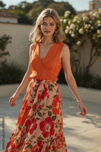 Junge Frau in orangefarbener Bluse und geblümtem Rock geht lächelnd durch sonnigen Garten