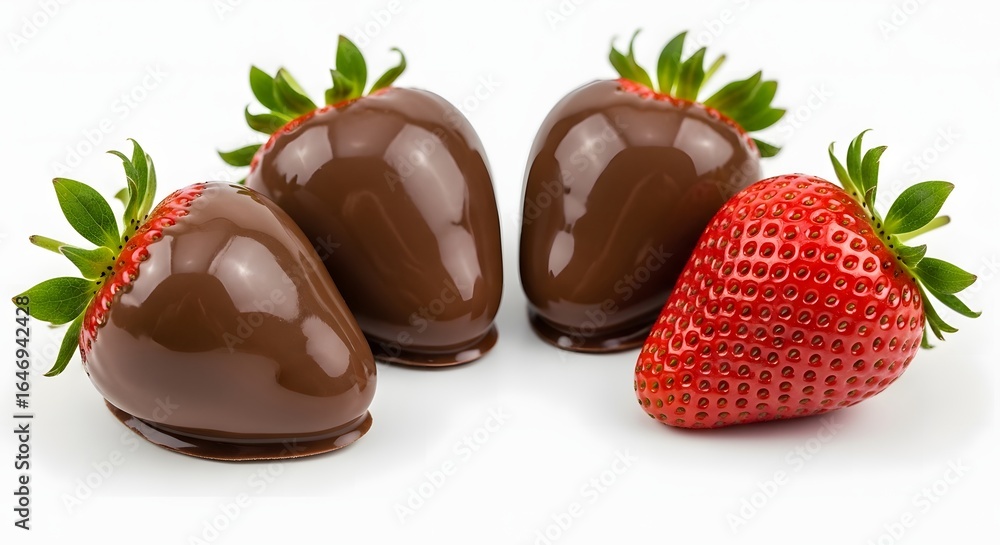 Fototapeta premium Four delicious chocolate covered strawberries with one fresh strawberry on a white background