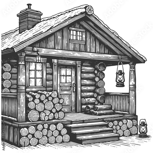 rustic log cabin with a front porch, hanging lanterns, and neatly stacked firewood sketch engraving generative ai vector illustration. Scratch board imitation. Black and white image.