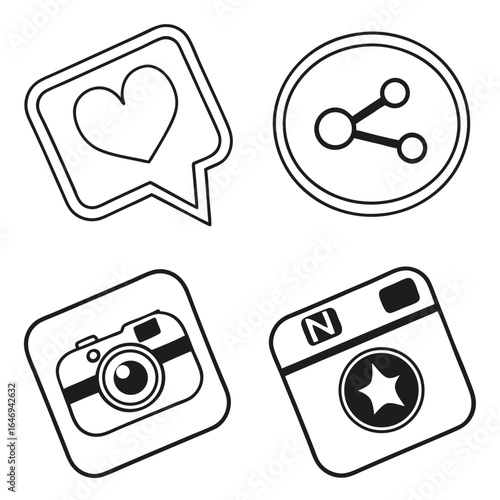 Social media icons with heart, share, and camera symbols on white