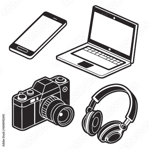 Black and white isometric gadgets including laptop, camera, phone