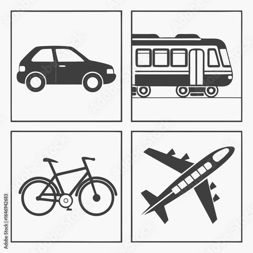 Transportation icons with car, train, bicycle