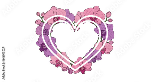 Elegant floral heart frame with orchid flowers for romantic Valentine's Day design