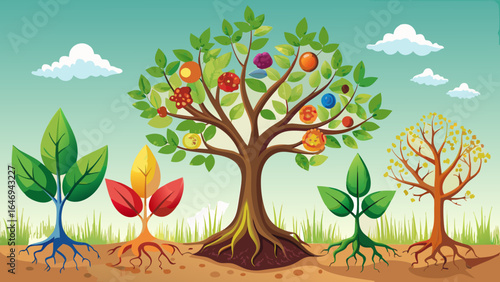Each stage shows delicate transformation, from tiny seed to vibrant sapling, culminating in a flourishing tree, symbolizing life, renewal, and nature’s enduring cycle in captivating semi-realistic det
